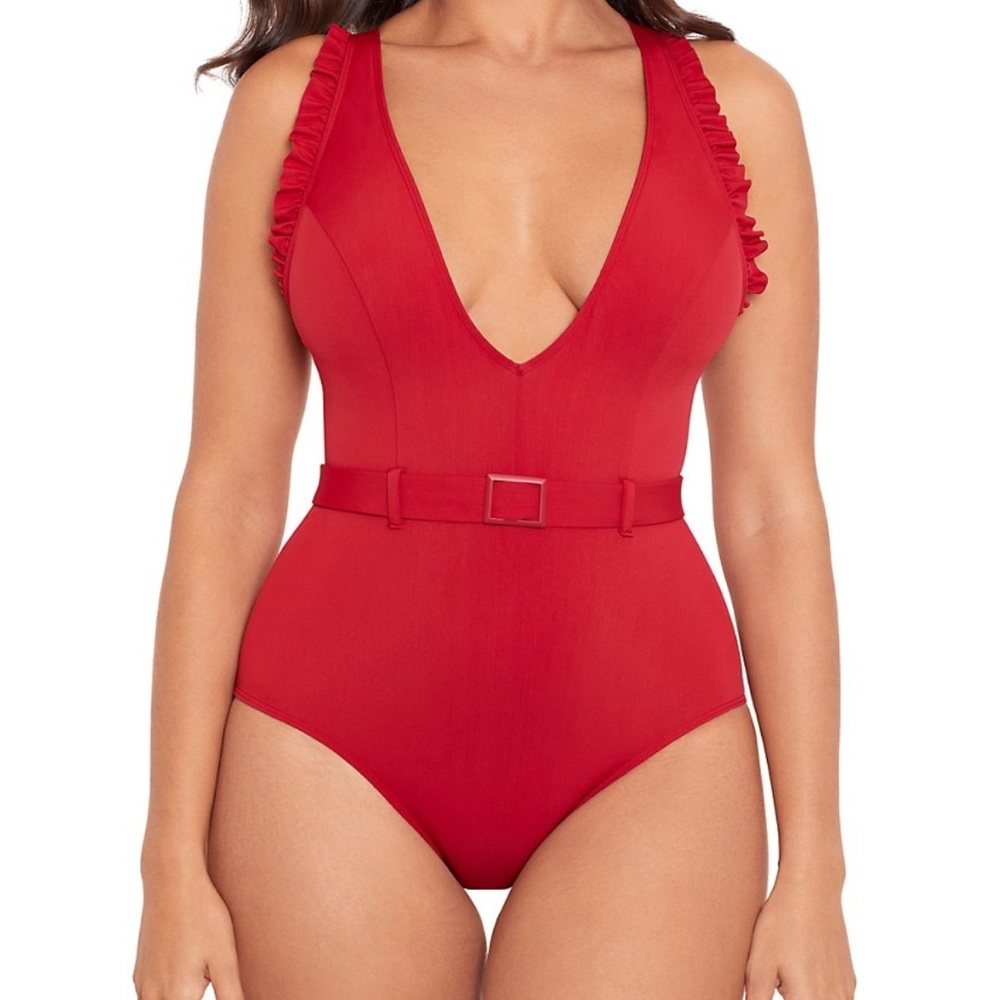Skinny Dippers Jelly Beans Cinched Waist One-Piece Swimsuit. Red, size medium